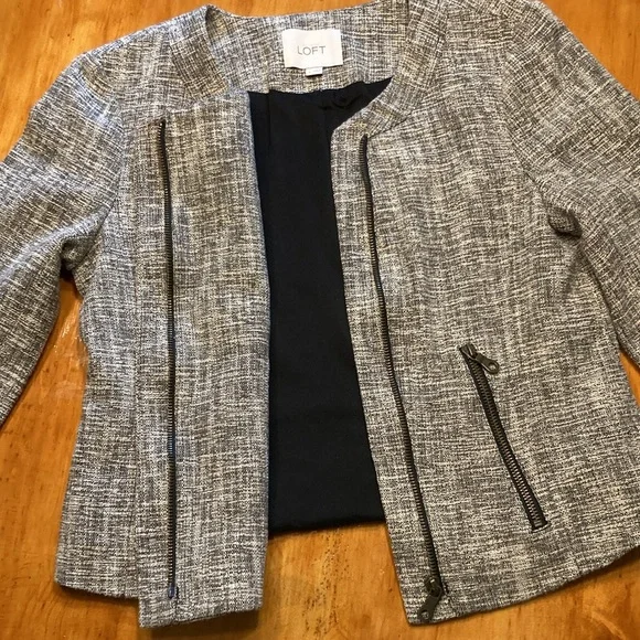 LOFT Gray Tweed Jacket Blazer With Offset Hidden Zipper - Picture 9 of 11